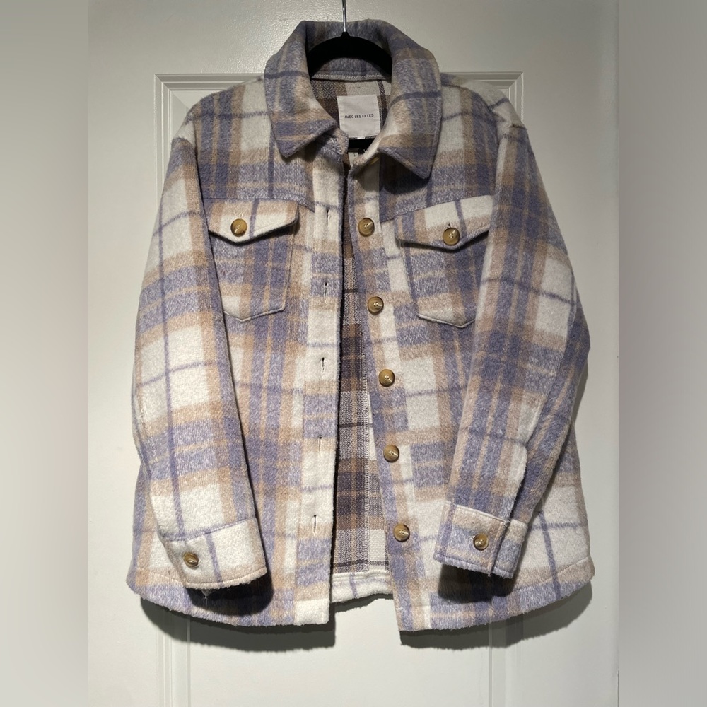 AVEC LES FILLES Relaxed Fit Lavender Beige Plaid Fall Shacket Size M